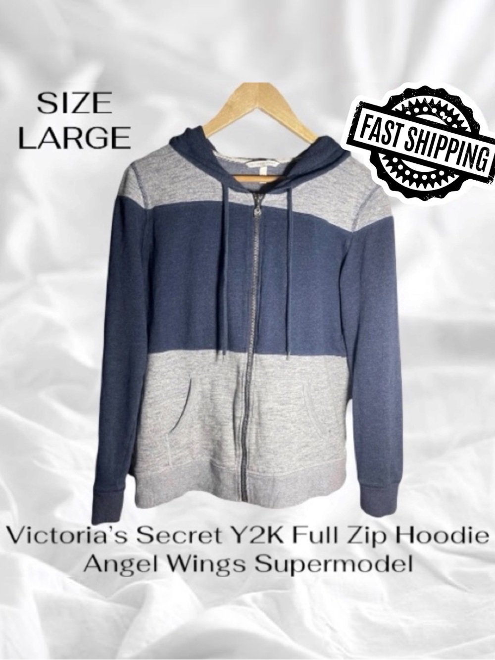 Victorias Secret Hoodie Angel Wings Sz Large Supermodel Blue Grey FAST SHIPPING